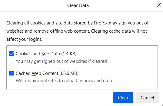 firefox clear data selection